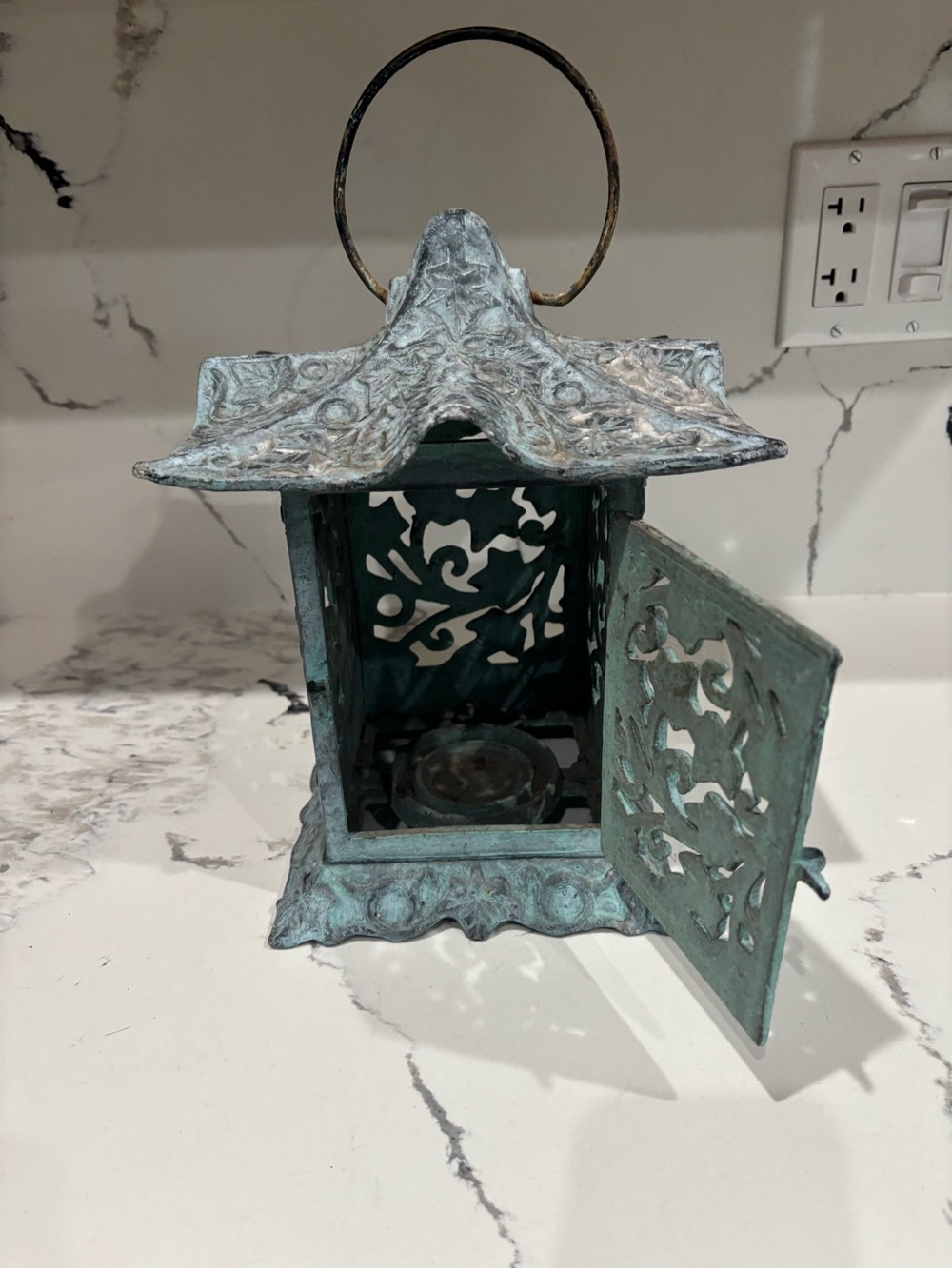Ornate Patina Metal Lantern - Green Finish with Decorative Cutouts